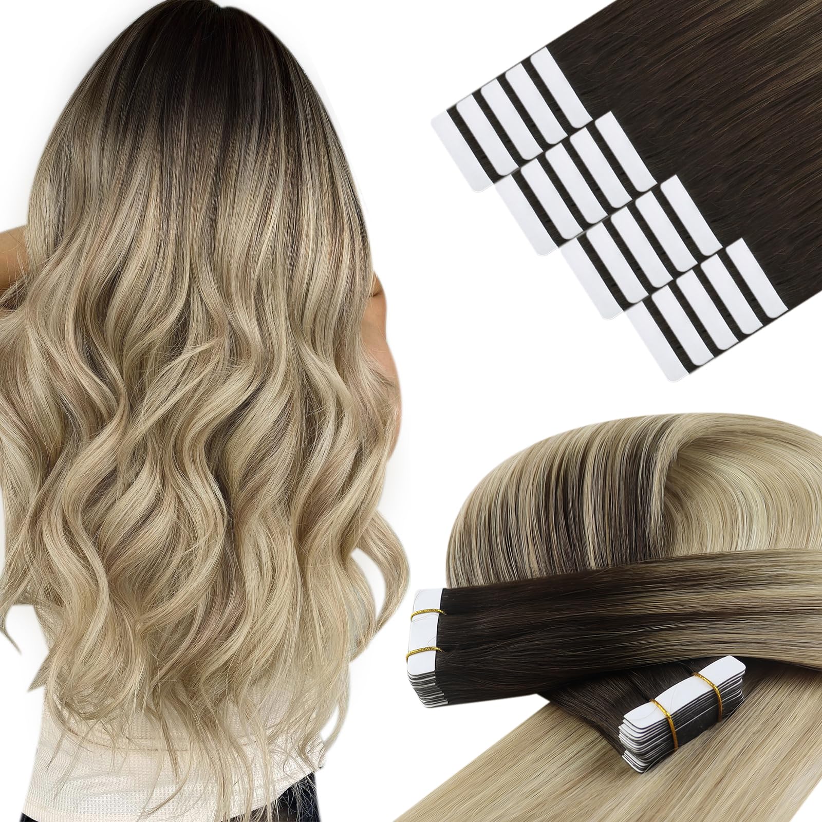 YoungSee Tape Hair Extensions Platinum Blonde 16In Tape in Hair Extensions Real Human Hair for Women 20pcs 50g Easy to Wear Hair Tape-in Extensions Blonde — view 47