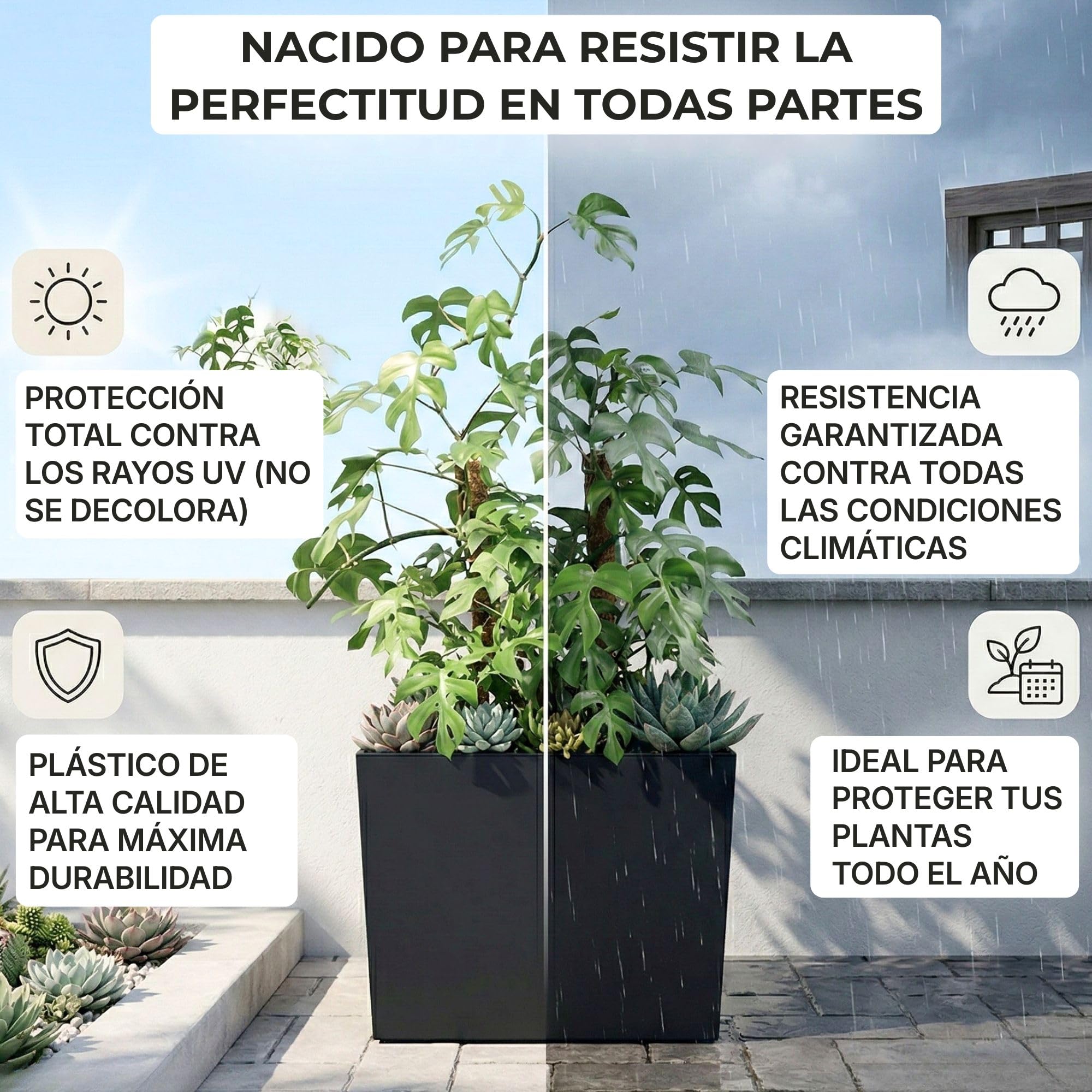 IMJ-Global - 2 Jardineras Exterior Grandes 58x18x49,8cm, Macetas Decorativas Interior Exterior 44 litros (Inserto de 12 litros) Jardinera Decorativas en Plástico Resistente a la Intemperie (Negro)