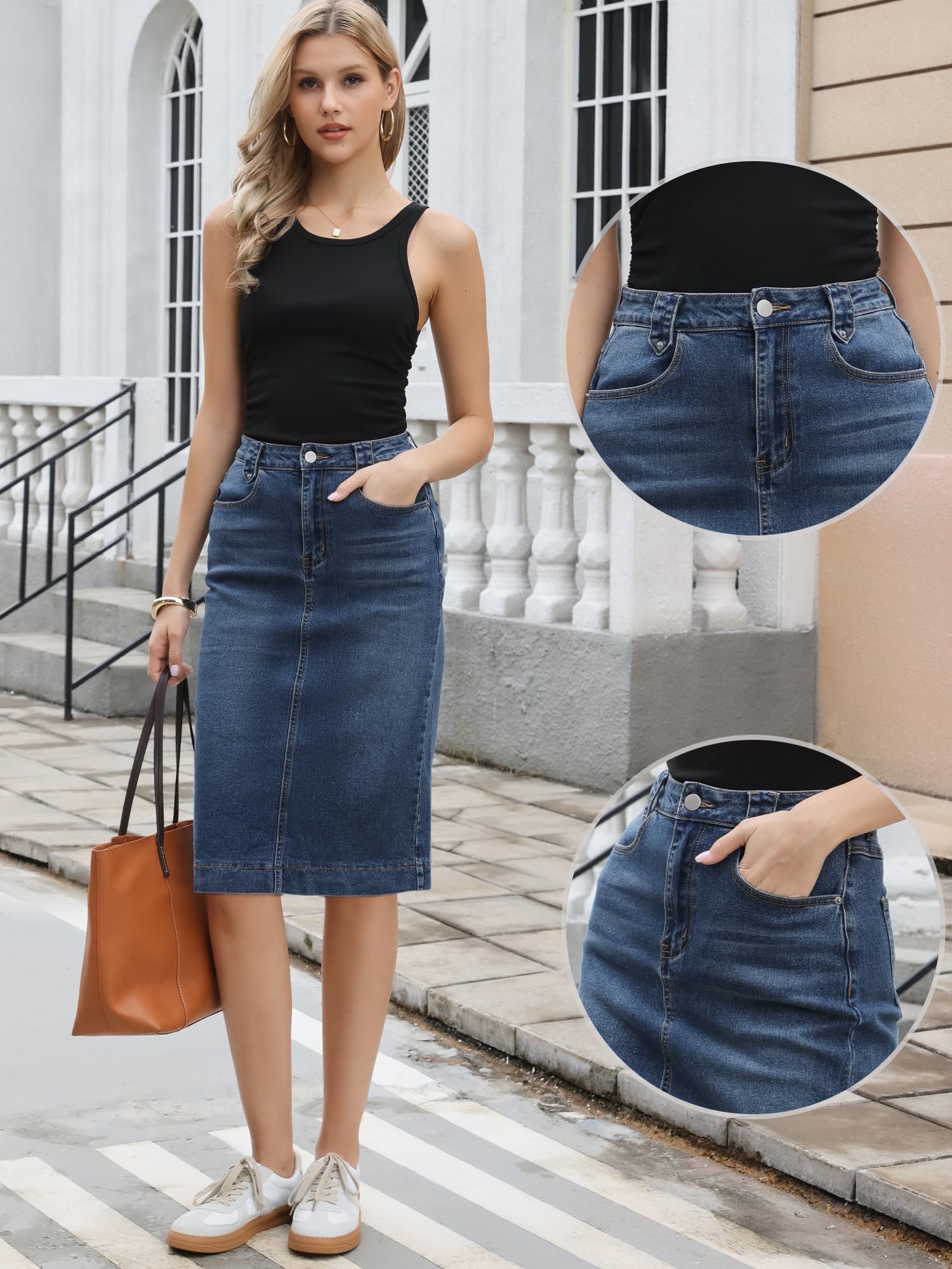 Allegra K Femme Jupe Jean Taille Haute Coupe Crayon Genoux Fente Dos | Fente Dos Taille Haute Longueur Midi Poches Inclinées Denim Délavé Coupe Crayon Tenue Cowgirl