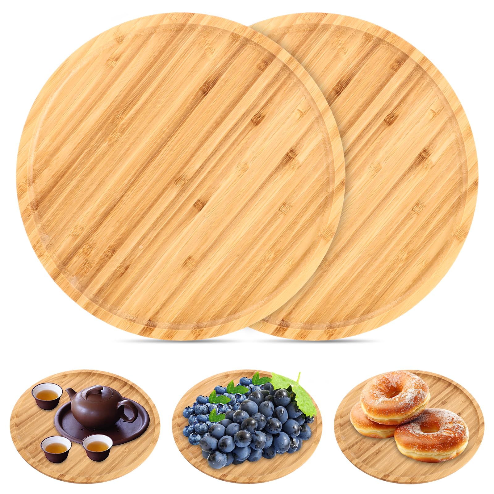 Lot De 2 Plateaux Service Bambou Rond 30x30x2 Cm – Plateau Bois Naturel Pour Fruits, Repas, Décoration