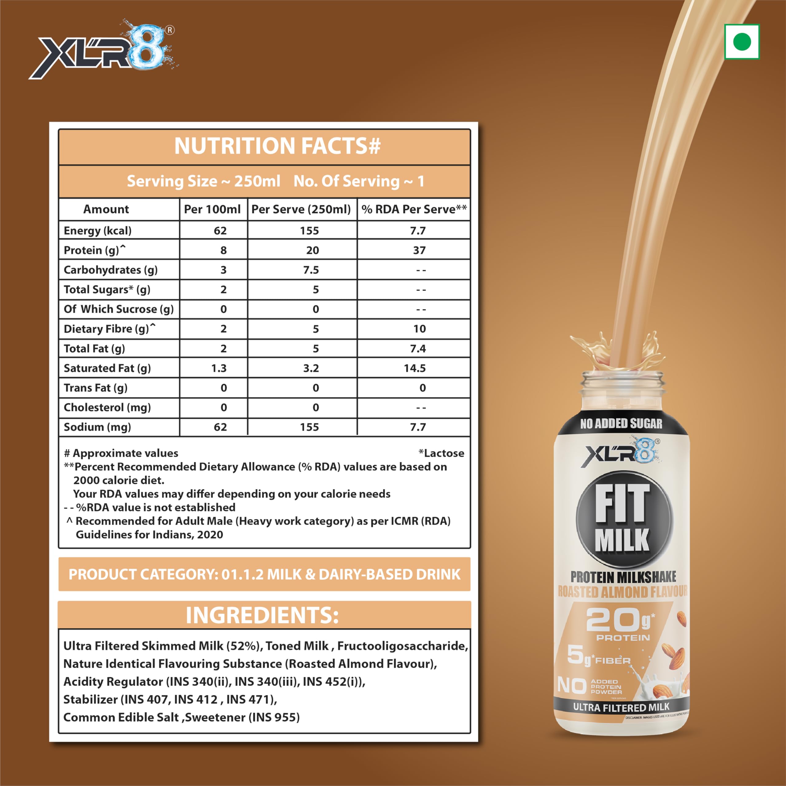 XLR8 FitMilk Protein Milk | 20g Protein Milkshake 250ml (Pack of 6) | 5g Fibre | Roasted Almond | No Added Sugar | Contains Prebiotic Fiber | Ideal for Early Mornings, Pre & Post Workouts Energy Drink 3