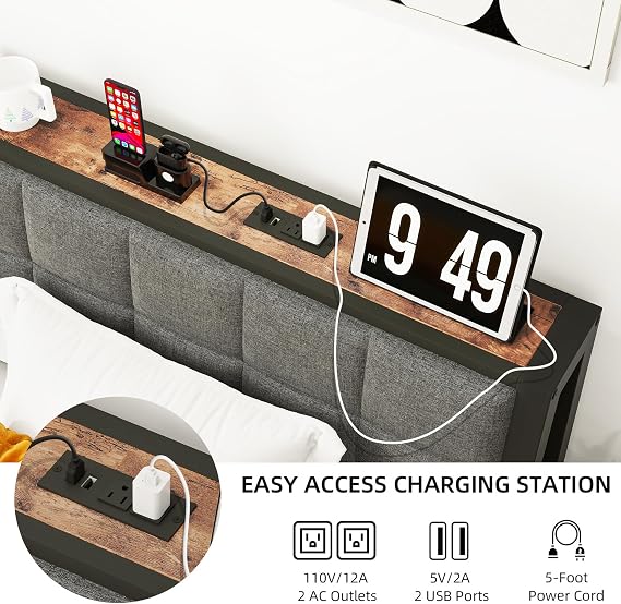 Twin Bed Frames with Storage Headboard,Charging Station,Platform Bed Frame Twin with Upholstered Headboard and Bedside Shelf,Heavy Duty Metal Slats,Underbed Storage,No Box Spring Needed,Grey