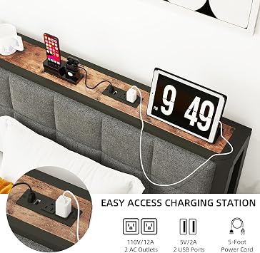 Twin Bed Frames with Storage Headboard,Charging Station,Platform Bed Frame Twin with Upholstered Headboard and Bedside Shelf,Heavy Duty Metal Slats,Underbed Storage,No Box Spring Needed,Grey