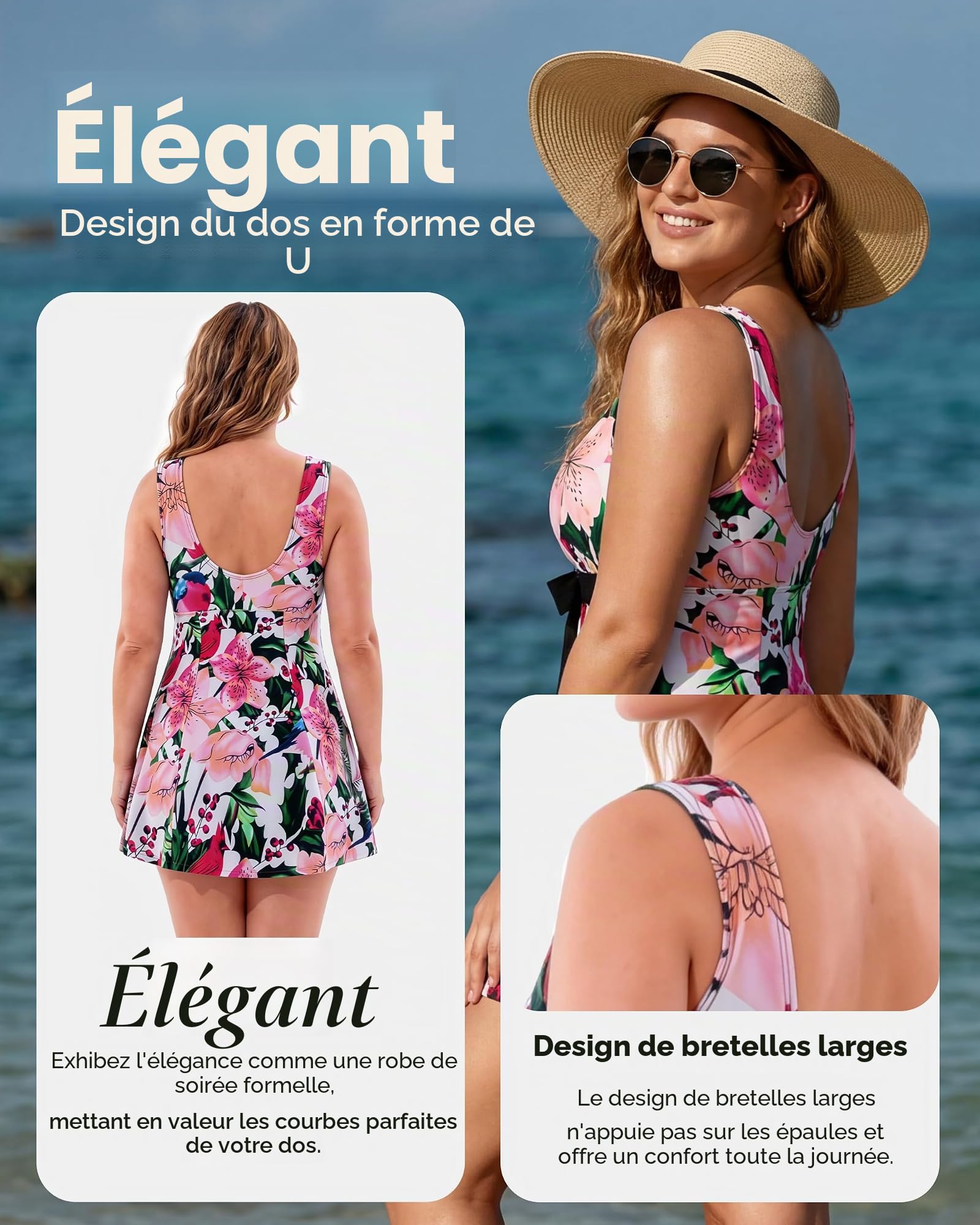 Wantdo Femme Maillot de Bain 1 Piece Amincissant Slim Cache Ventre Tankini | Taille Haute,Cache Ventre,Rembourré,Gainant,Push Up,Sans Armature,Plage,Vacances d'été,Mer,Short Intégré,Jupette Short,Plage