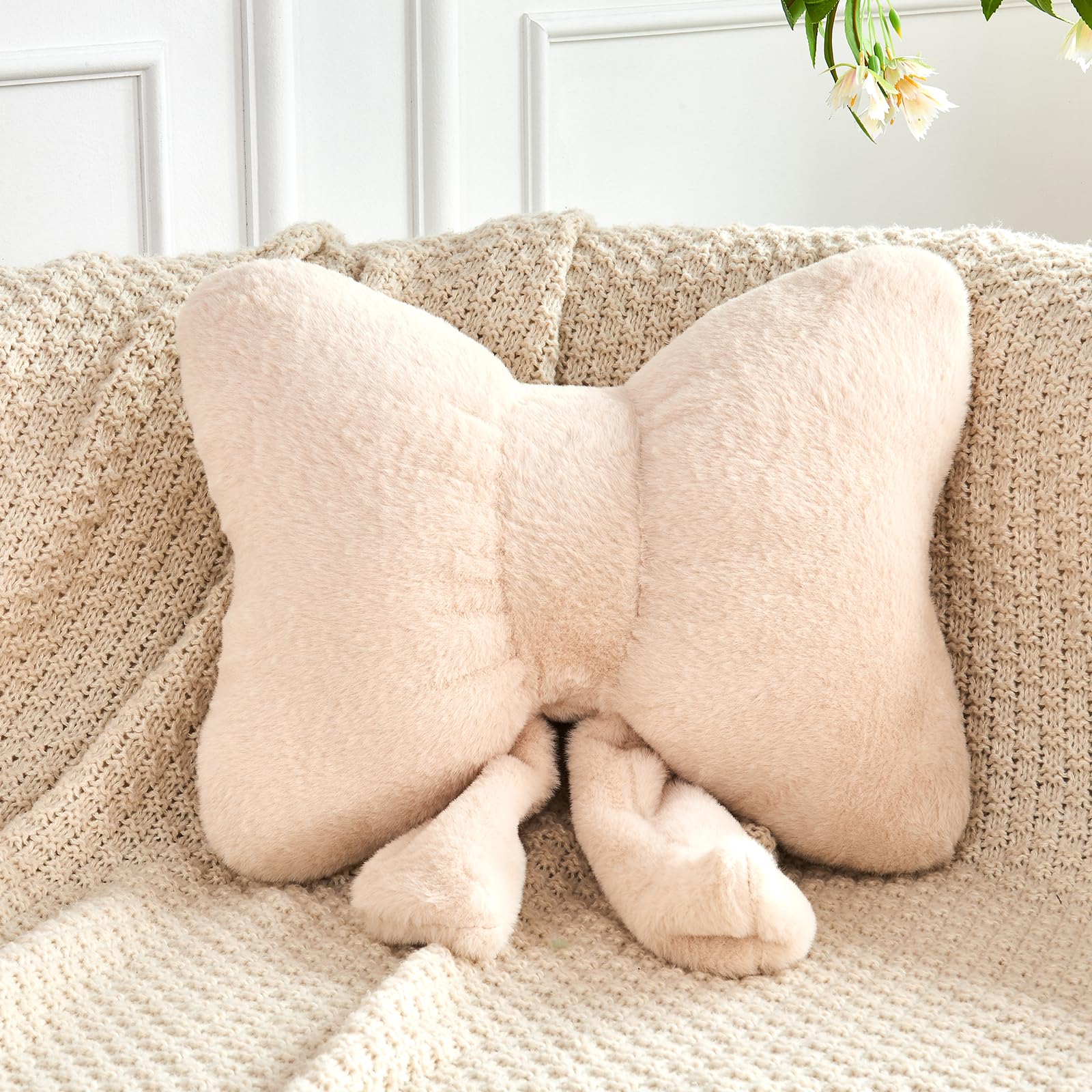 XVTRU Beige Bow Pillow, Soft Bow Decorative Pillows with Faux Rabbit Fur, Cute 12" Bow Throw Pillows, Aesthetic Home Decor Bow Shaped Plush Pillow for Bedroom Sofa Couch