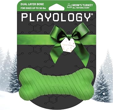 Playology Dog Toys | Dual Layer Bone Chew Toy for Dogs | Moms Turkey Scented Medium Dog Bone | Limited Edition Holiday Scent
