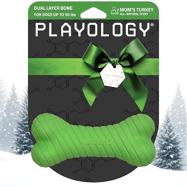 Playology Dog Toys Dual Layer Bone Durable Chew Toy Bone for Dogs Medium Moms Turkey Scented Toy -