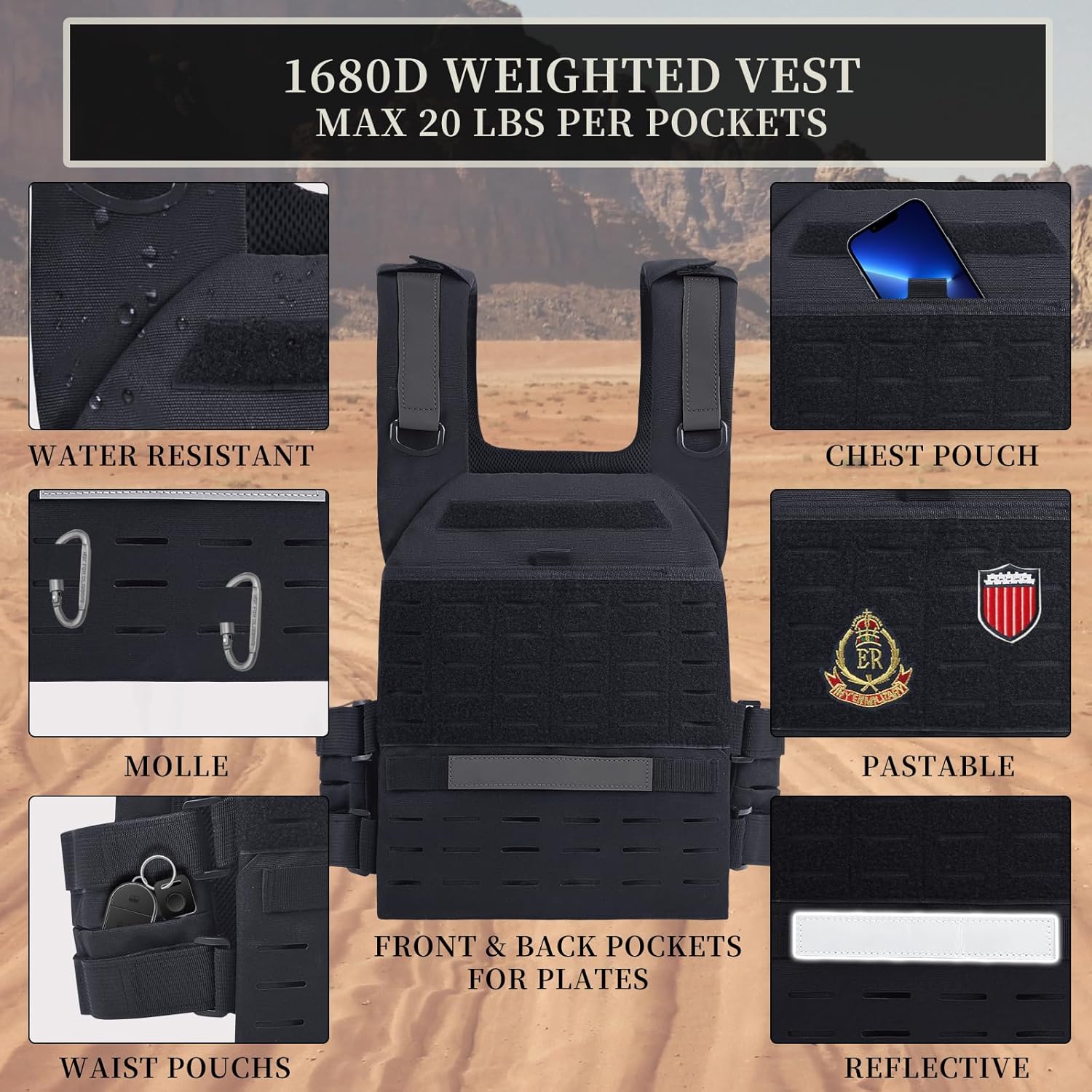 Tactical Weighted Vest, Adjustable Weights Running Vest Molle for Workouts Endurance Training Fitness Calisthenics Gym, Max 20lb/pocket (Not included plates)