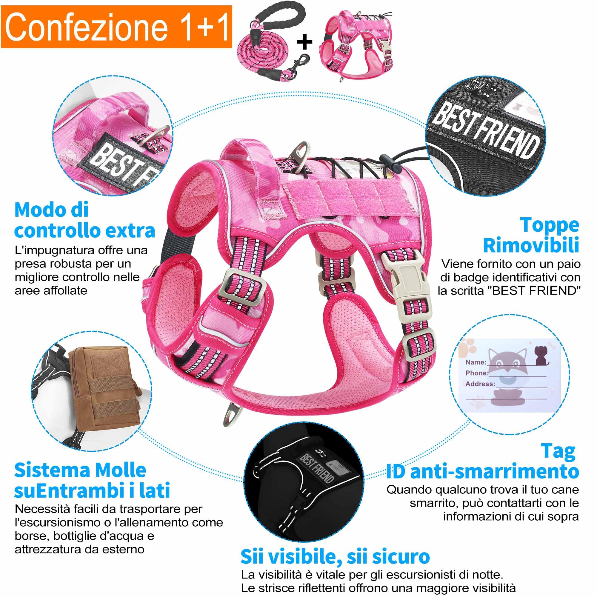 Haapaw Imbracatura tattica Heavy Duty per cani di grandi dimensioni senza tirare Imbracatura da addestramento riflettente facile controllo Militare Imbracatura per cani XL Camouflage Rosa