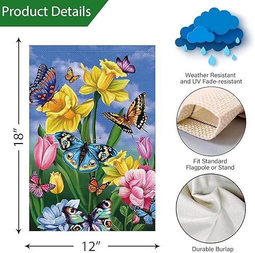 Miniatura 4 de Bandera de jardín de primavera de 12 x 18 pulgadas vertical de doble cara arpillera pequeña mariposa floral flores de bienvenida jardín patio casa