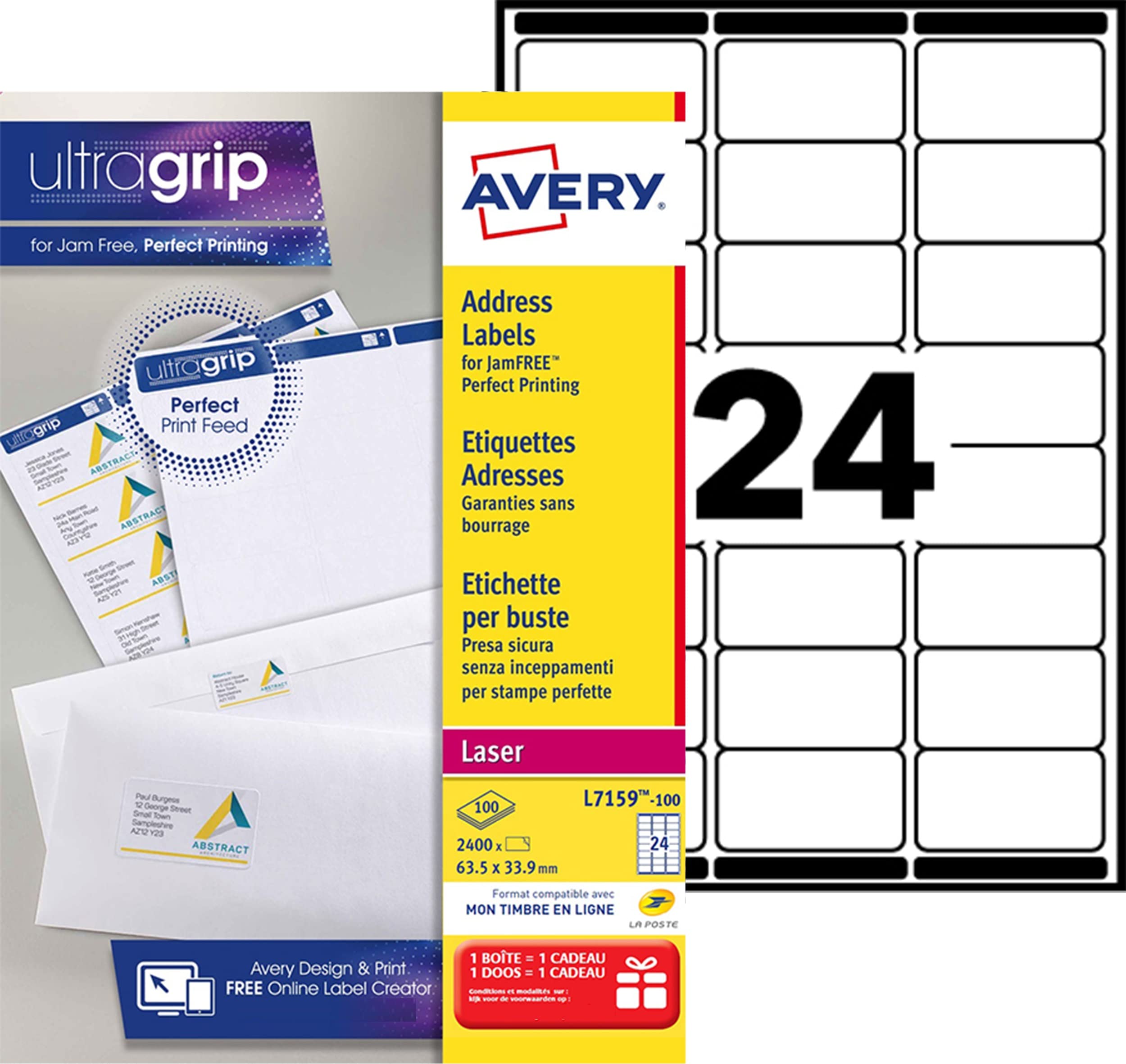 Avery Étiquettes Autocollantes Blanches, 2400 Pièces, L7159-100, 63,5 x 33,9mm, Papier A4, Feuille A4, Pour Imprimantes Laser, Anti-Bourrage, FSC Certifiées, Pour adressage et expédition