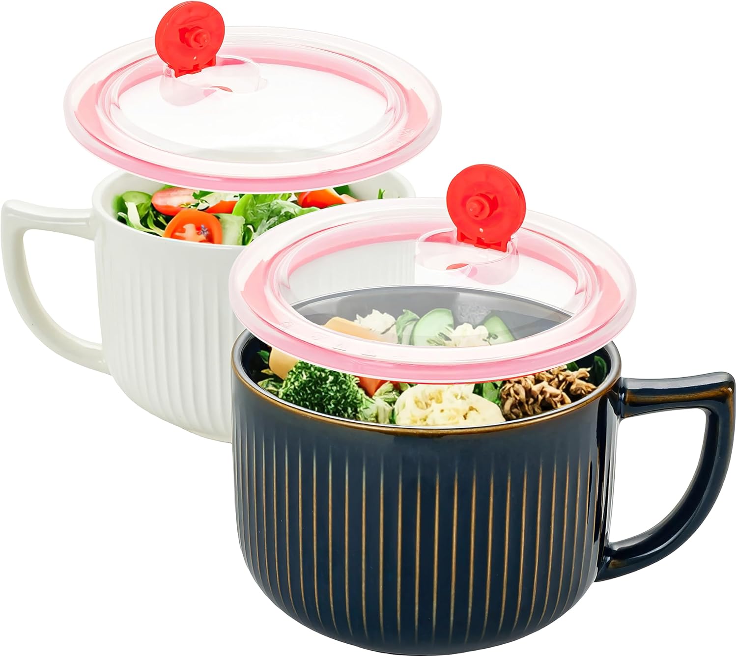 38oz Ceramic Soup Bowls with Handle & Lid, Large Soup Mugs, Microwave & Dishwasher Safe Ceramic Soup Bowl for Cereal Oatmeal Ramen Instant Noodle Salad, White and Blue (2 Pack)