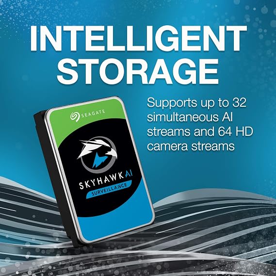 Seagate Skyhawk AI 10TB Video Internal Hard Drive HDD 3.5 Inch SATA 6Gb/s 256MB Cache for DVR NVR Security Camera System with Drive Health Management and in-house Rescue Services (ST10000VEZ008)