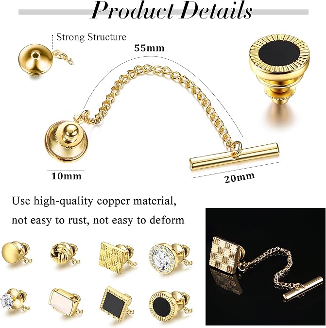 THUNARAZ 8Pcs Tie Pins for Men Tie Tacks with Chain Mens Accessories Clips