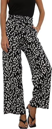 ECOWISH Palazzo Pants for Women Casual Summer Loose Baggy Wide Leg Flowy High Waisted Polka Dot Trouser with Belt Pocket 2026