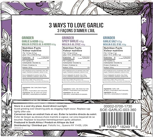 Vista 2 de Soeos Juego de 3 condimentos para especias con molinillos integrados, ajo picante, ajo y hierbas, sal de ajo, juego de regalo de condimentos.