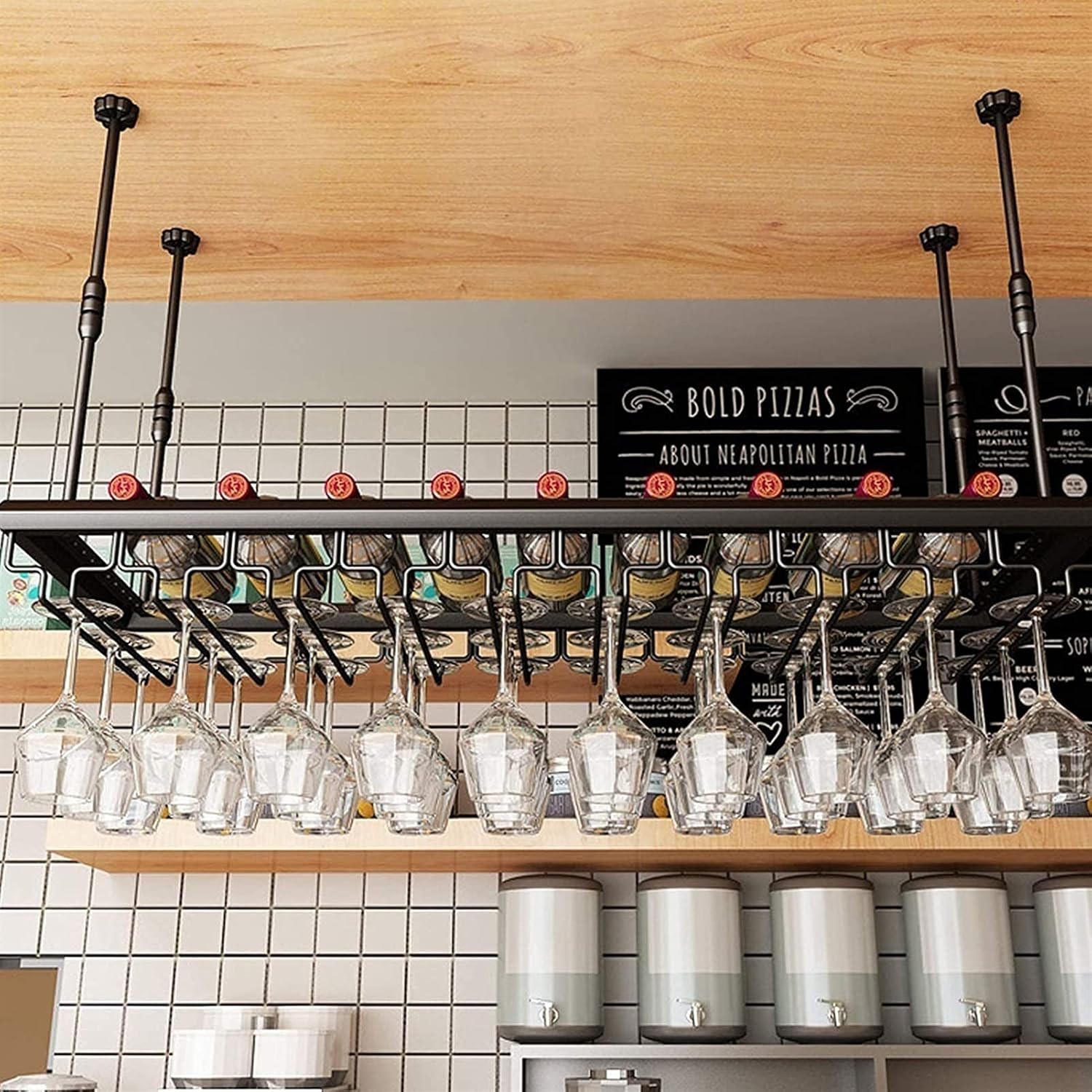 Ceiling Wine Glass Rack Ceiling Metal Wine Rack,Adjustable Height,Vintage Wine Stemware Goblets Shelf,Wine Bottle Holder,Hanging Wine Glass Stand,for Bars,Kitchens