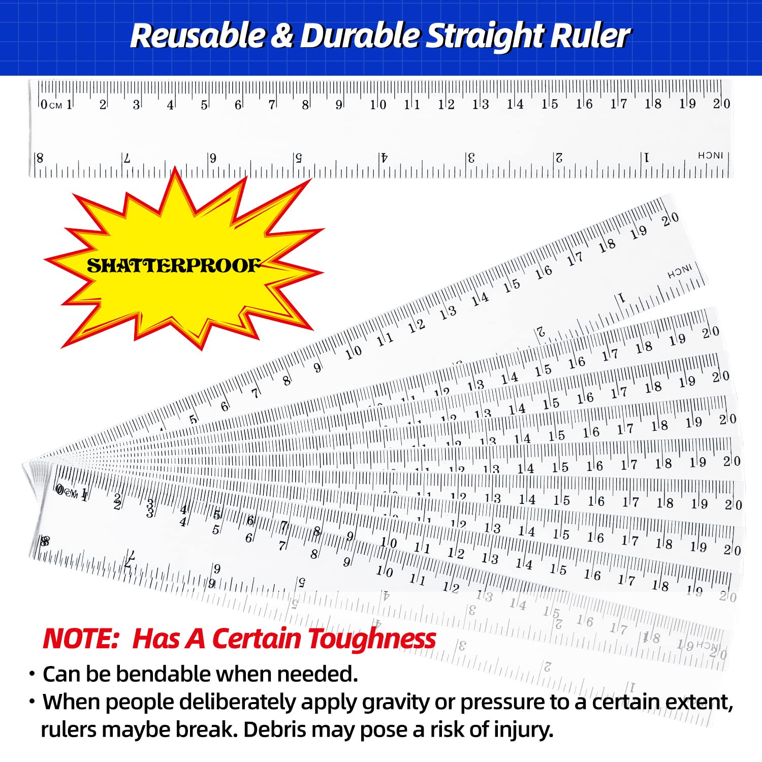 10Pcs Plastic Ruler Set, Clear Plastic Ruler Pack Straight Ruler Inches