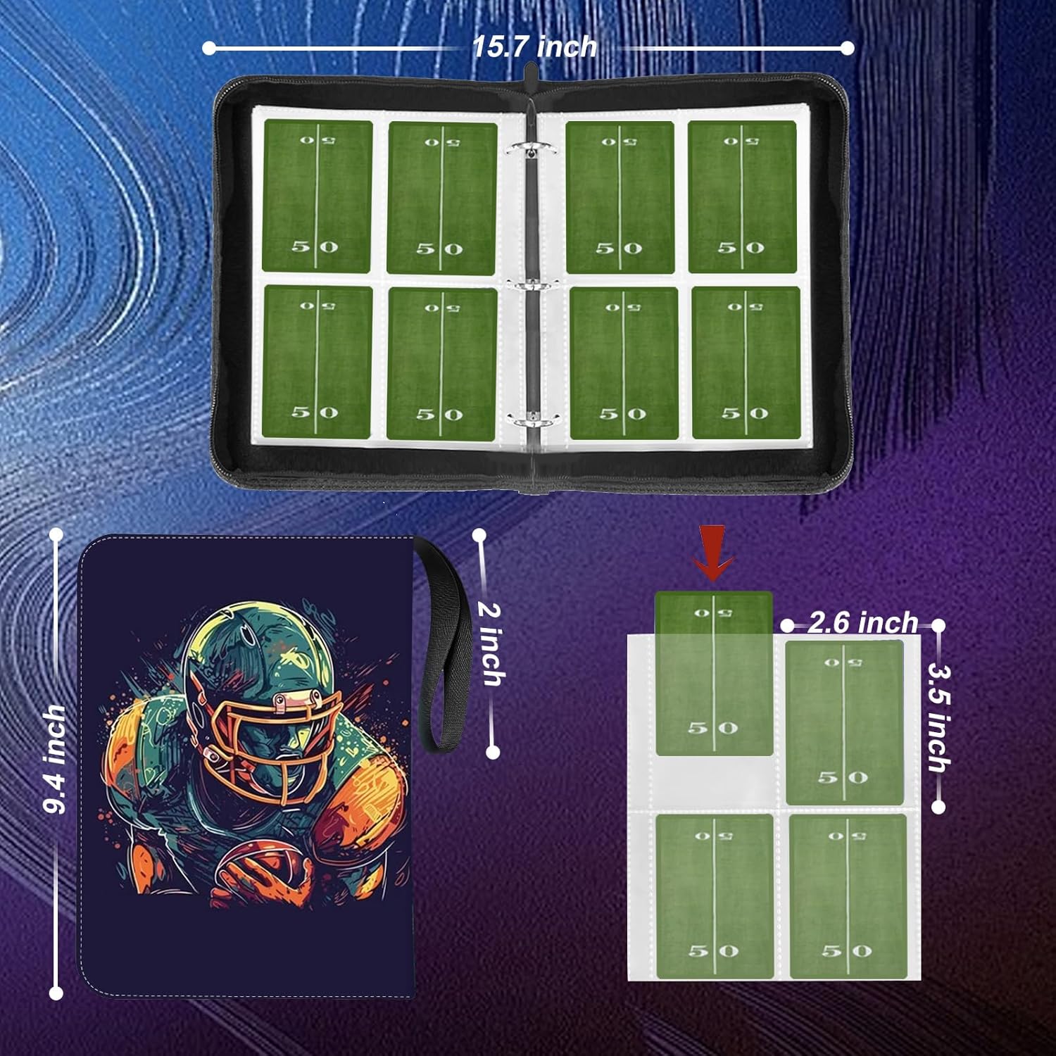 Football Card Binder,4-Pocket Cards Holder,Trading Card Binder Fits 400 Cards With 50 Removable Double Sided Sleeves,Portable Cards Album Case for Sports Cards Collection