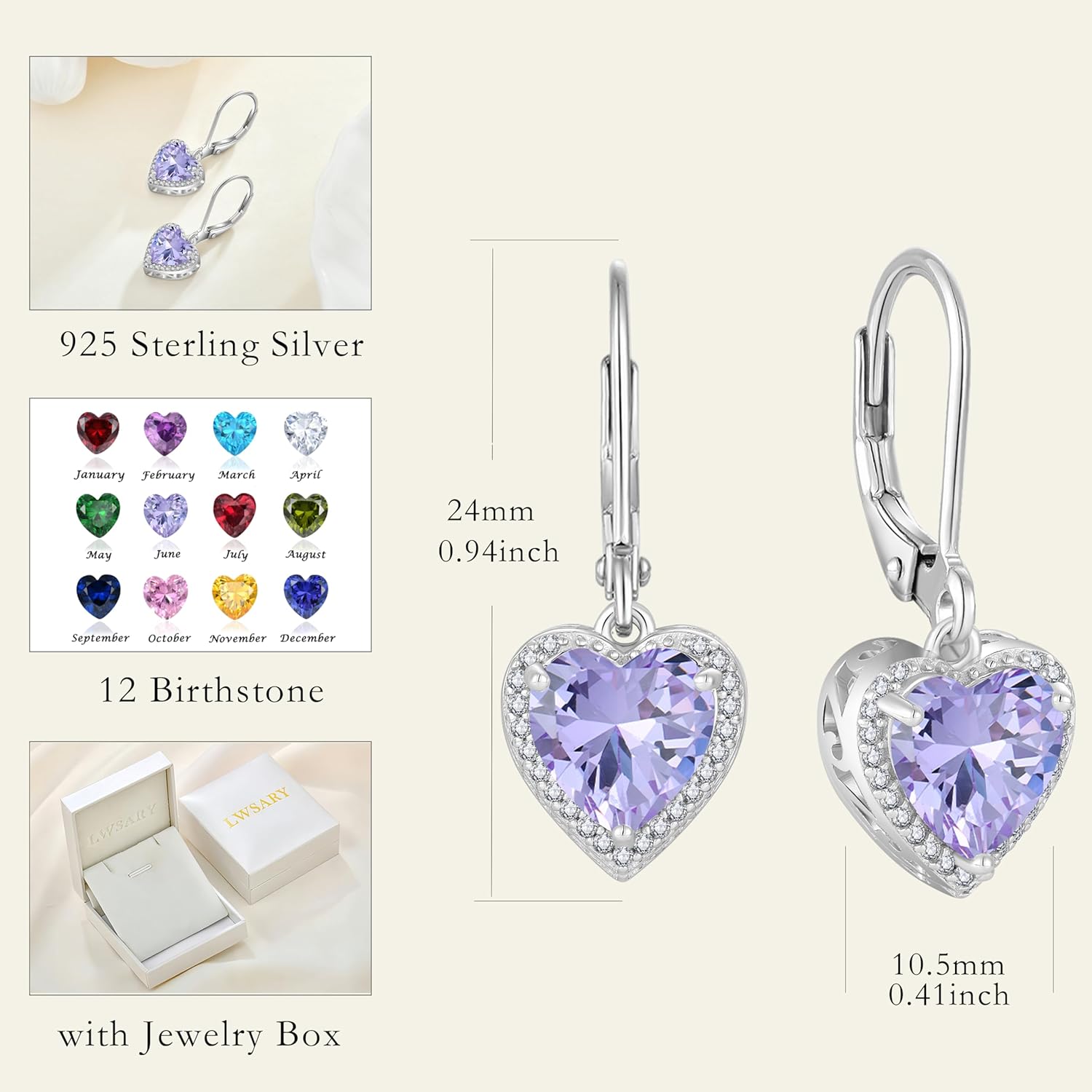 Heart Dangle Drop Earrings 925 Sterling Silver Halo Solitaire Leverback Earrings Birthstone Jewelry for Women - Image 6