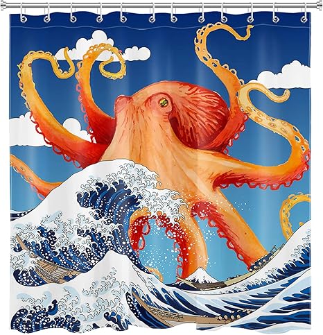 Amazon Co Jp Hvest 日本のアニメ タコ シャワーカーテン 赤いクラーケン タコ 海軍ブルー雲 バスルーム装飾 防水ポリエステル生地 72x78インチ フック12個付き ホーム キッチン