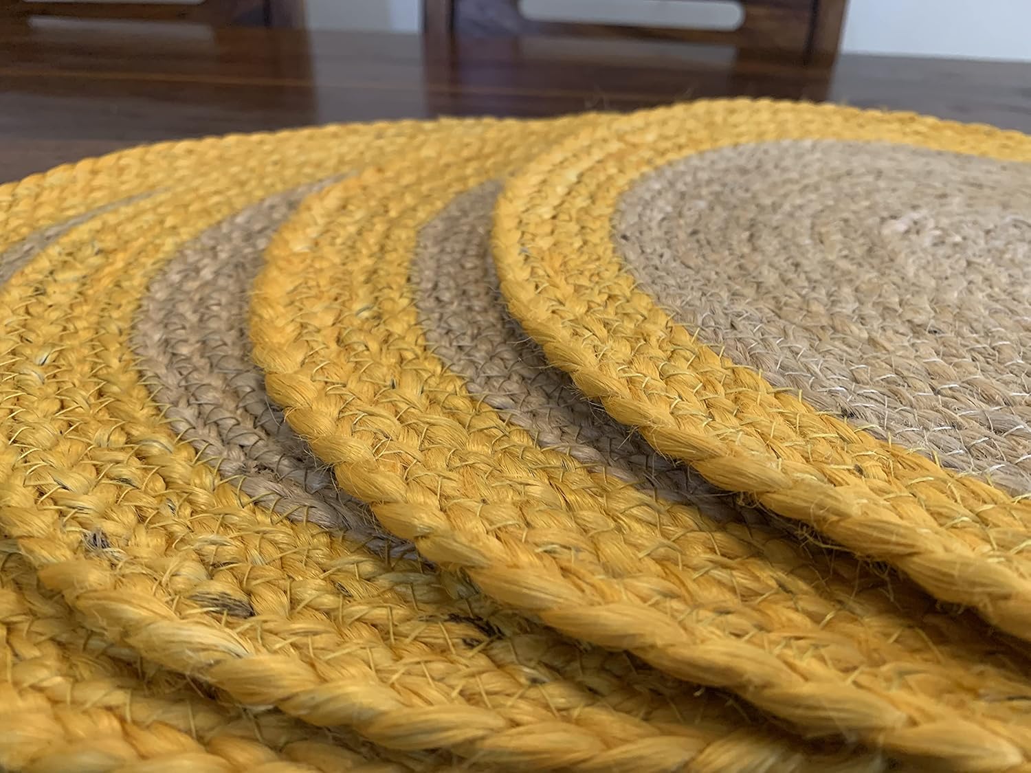 100% Jute Hand Braided Placemat Set of 6 Rustic Vintage Farmhouse Table top & Dining Table Round Placemat for Parties (14” Diameter, Natural/Ochre) Set of 6