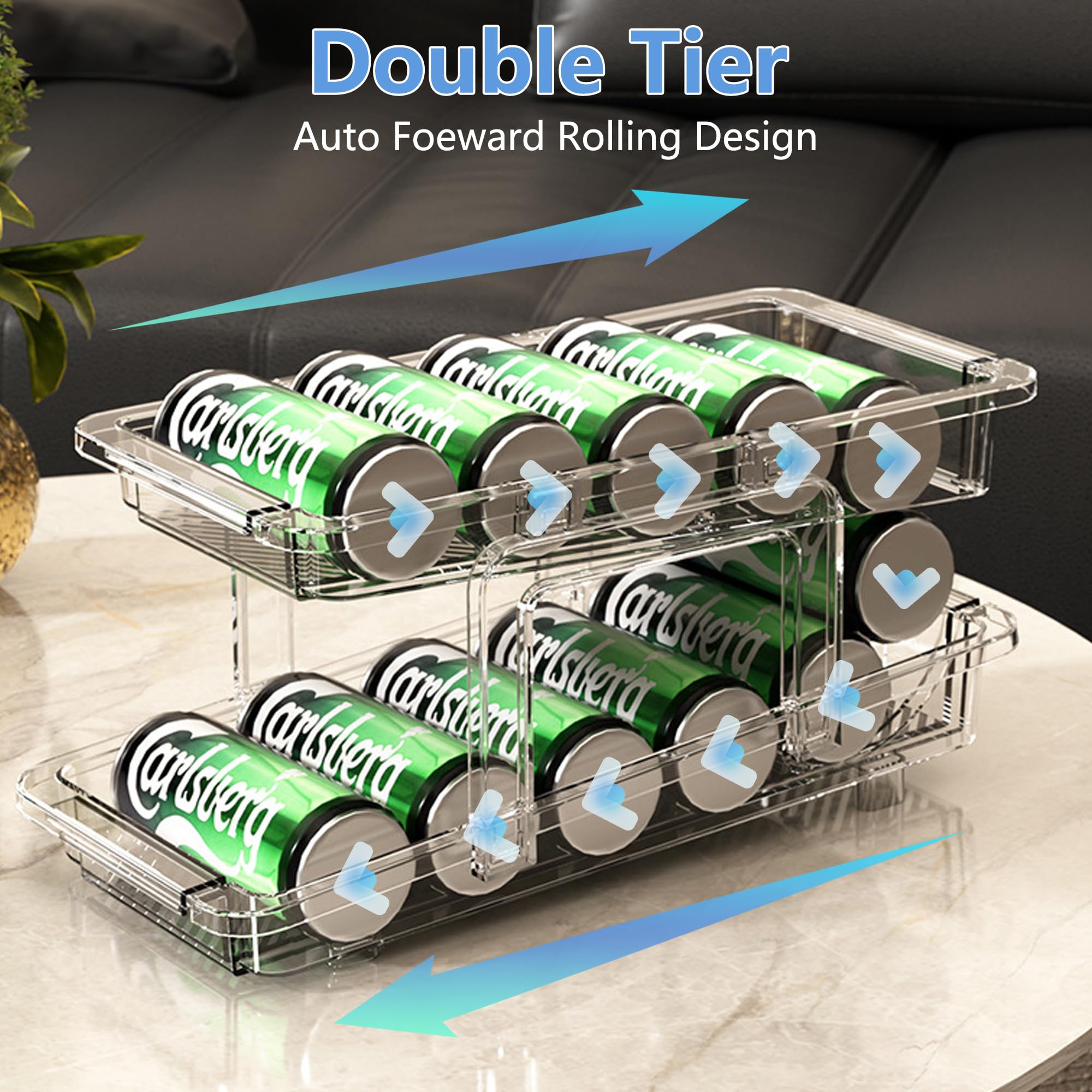 2 Pack Expandable Soda Can Organizer for Refrigerator,2 Tier Stackable Can Holder Dispenser Adjustable Width Fridge Drink Stoage- 22.8''-8.46'' W for Standard and Tall Can, Auto Rolling for Fridge Can Organizer, BPA-Free