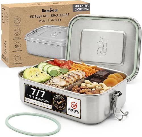Bambaw Edelstahl Brotdose 1400ml, Lunchbox Erwachsene mit Fächern, Bento Box