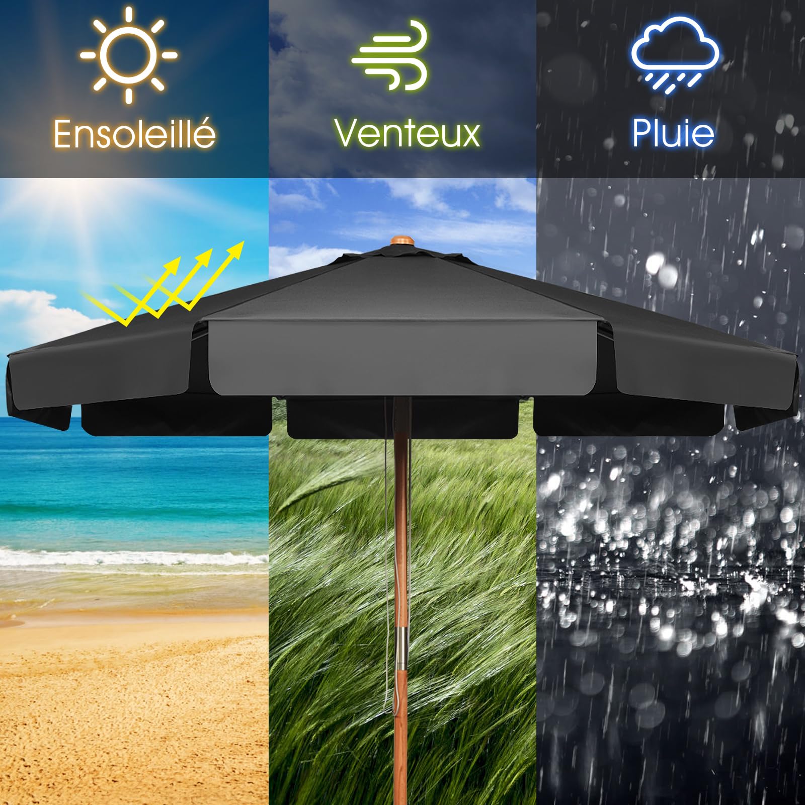 GOPLUS Parasol de Jardin Exterieur 3x3M, Parasol Inclinable de Balcon avec 8 Baleines en Bois, Tissu Anti-UV, avec Lambrequin pour Terrasse Patio Restaurant (Gris)