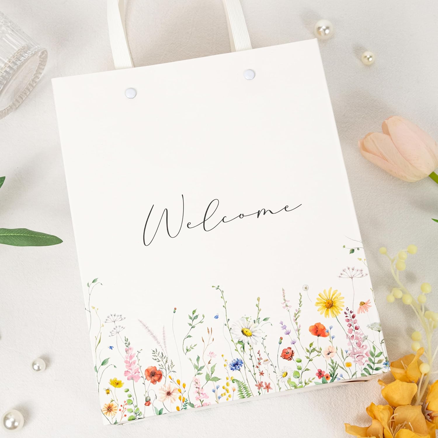 Crisky Wildflower Welcome Gift Bags for Wedding Hotel Guests, Bridal Baby Shower, 10"x8"x4", 25 Pack