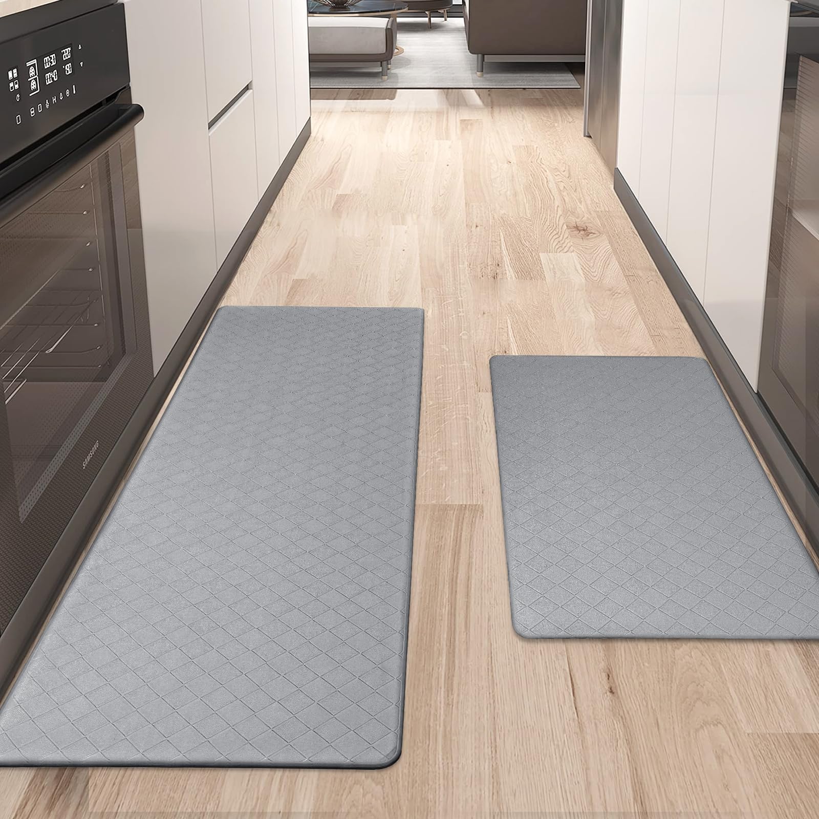 Kitchen Mats 2 PCS, Cushioned Anti Fatigue Kitchen Rug Set for Floor, Non-Slip Waterproof Comfort Standing Kitchen Rug for Kitchen, Office, Sink, Laundry, 17.3"x 28"+17.3"x 47", Grey