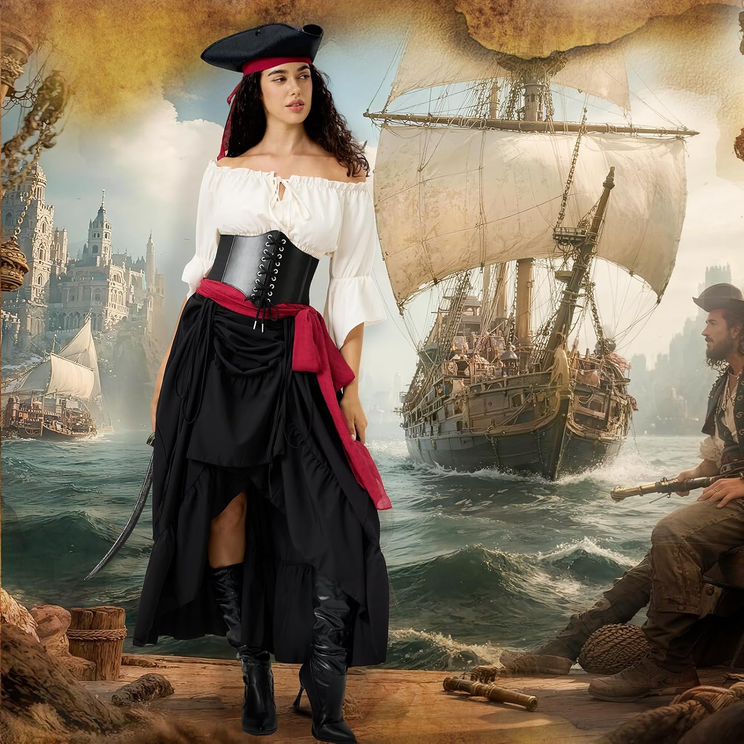 Women Pirate Costume with Peasant Blouse Off Shoulder Trumpet Sleeve Tops Victorian Steampunk Skirts - Image 8