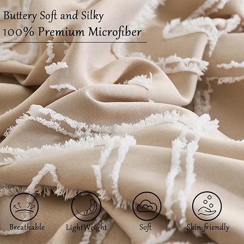 Miniatura 5 de Juego de funda de edredón copetuda, tamaño King, patrón geométrico jacquard, suave y ligero de color caqui, juego de funda de edredón para todas las