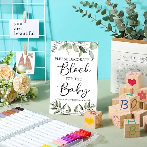 Miniatura 4 de Tatuo Kit de 75 juegos de decoración de bloque para baby shower, incluye letrero de juego de decorar un bloque, 50 bloques de madera de bricolaje,