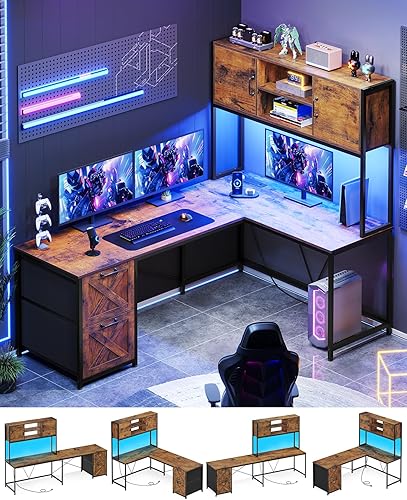 SEDETALShapedDesk,ReversibleHome Office DeskwithFabric File Drawers and PowerOutlet,L Shaped Deskwith Hutch, StorageShelves,LedLights,RusticBrown