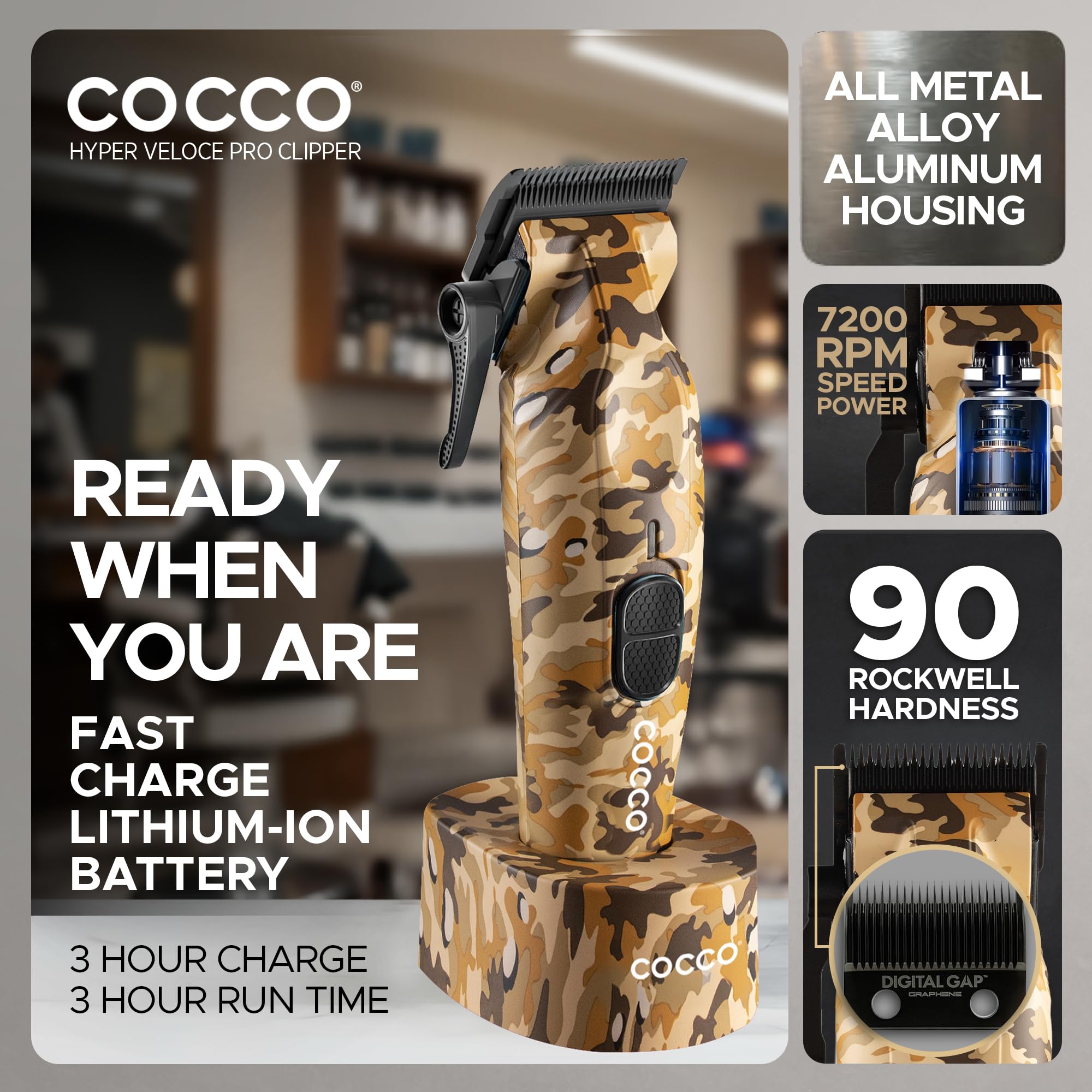 Cocco Hyper Veloce Pro Clipper, Digital Gap Ambassador Graphene Taper Blade Professional Hair Clippers, High-Torque BLDC Motor, All-Metal, Cordless, Charging Station Included (Camo)