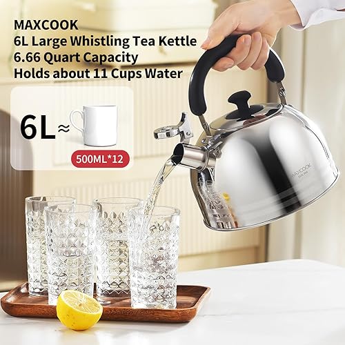 Miniatura 5 de Hervidor de té, 5.7 cuartos de galón 6L hervidor de té silbante para estufa, olla de té de acero inoxidable 304, tetera grande para estufa, hervidor