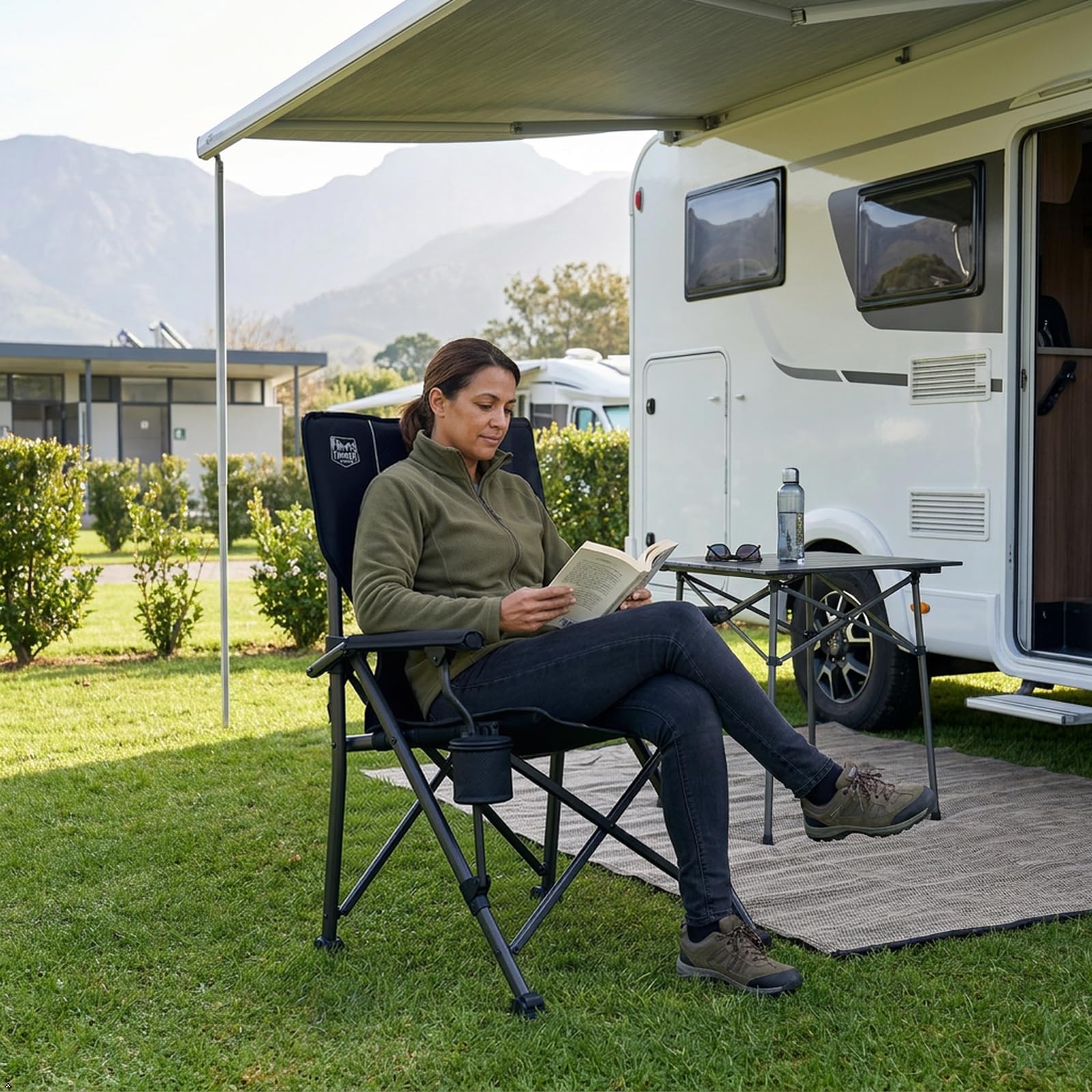 TIMBER RIDGE Campingstuhl Faltbar 150kg Belastbar Verstellbare Lendenwirbelstütze Klappstuhl mit Getränkehalter Tragetasche Angelstuhl Faltstuhl Hochlehner Sessel für Camping Garten Balkon Picknick