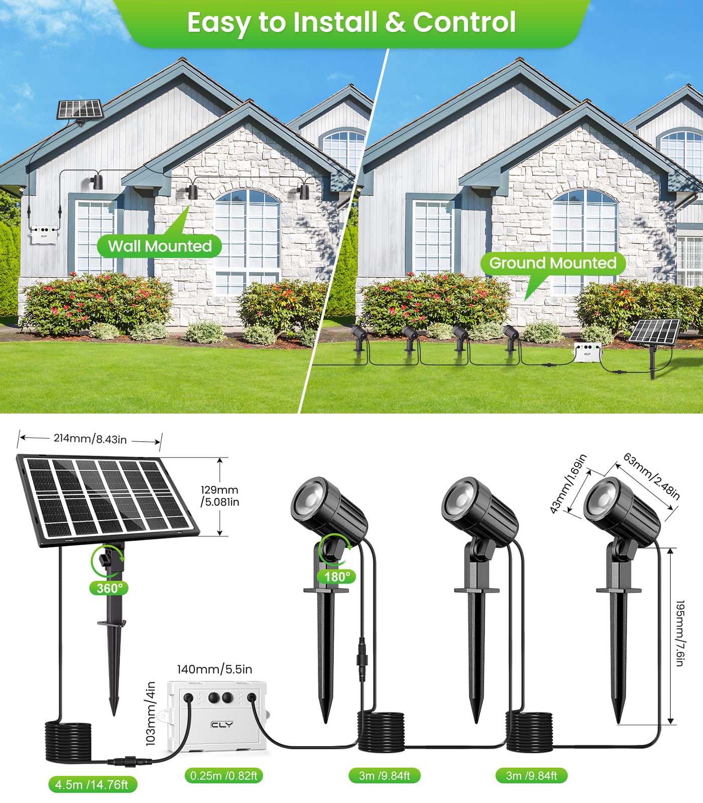 CLY Faretti Solari a LED da Esterno, Bianco Caldo Faretto Solare da Giardino 2 Modalità Dinamiche Luci Solari da Giardino 3 Luminosità 5000mAh Memoria Luce Solare LED Esterno Impermeabili IP66 3 in 1