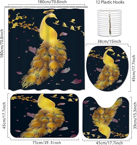 Miniatura 4 de Planially Juego de 4 cortinas de ducha de pavo real, juego de baño con cortina de ducha, alfombra de tapa de inodoro, tapete de contorno y tapete de
