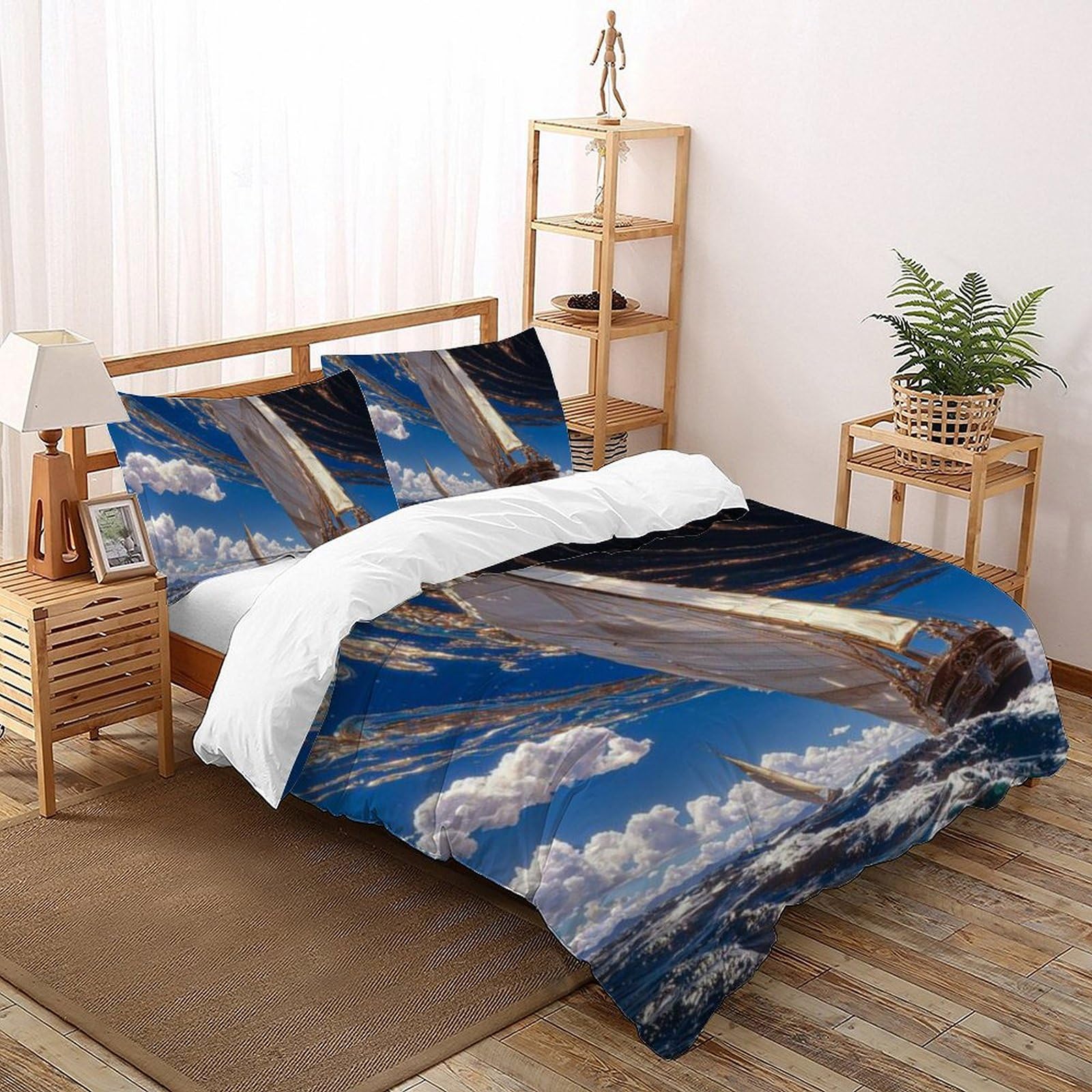 Housse de couette double bateaux à voile 200x200 avec 2 taies d'oreiller en microfibre pour garçon