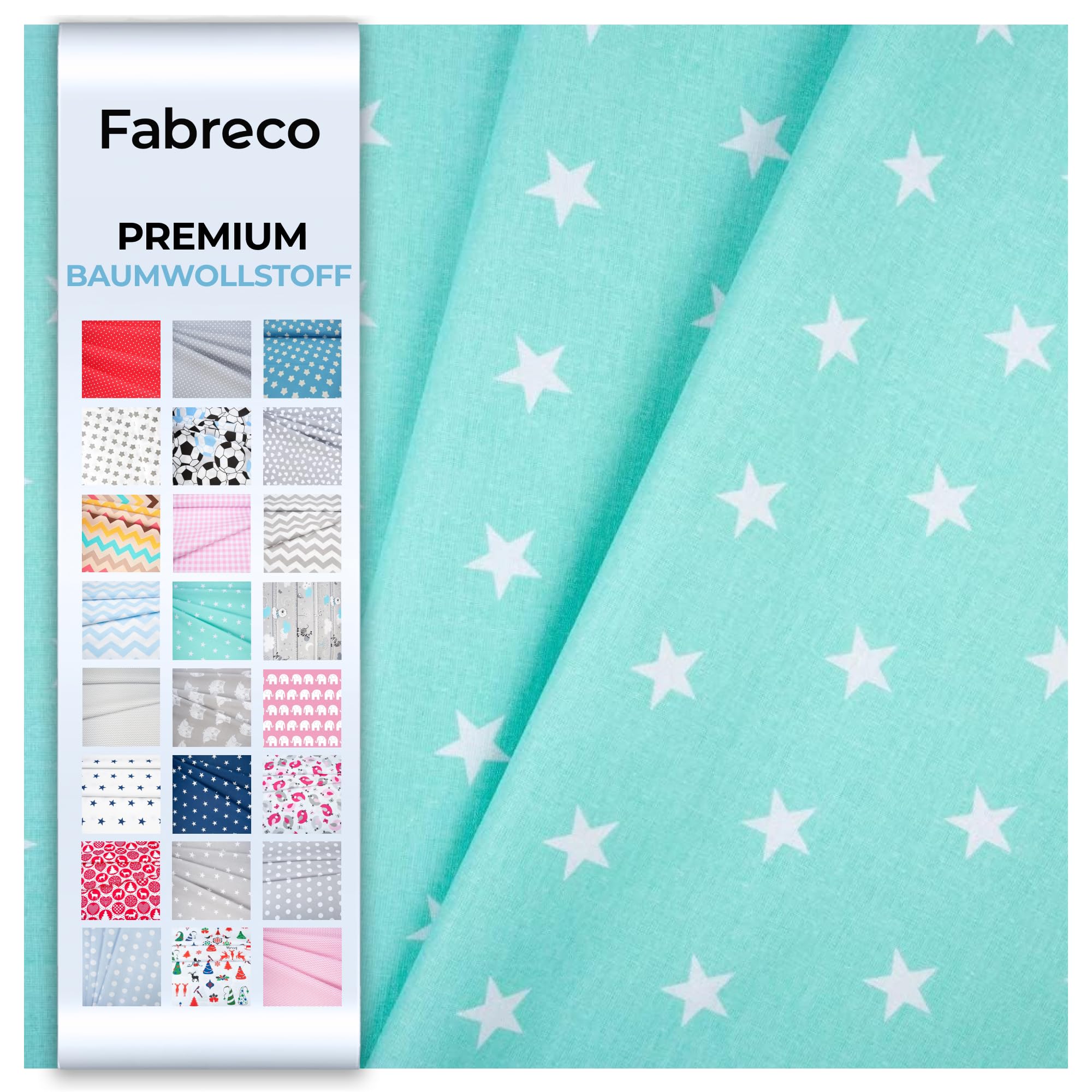 Fabreco - Baumwollstoff Meterware - 220g/lfm | Stoff Meterware mit Muster: Sterne mintgrün | Weich, langlebig & hautfreundlich