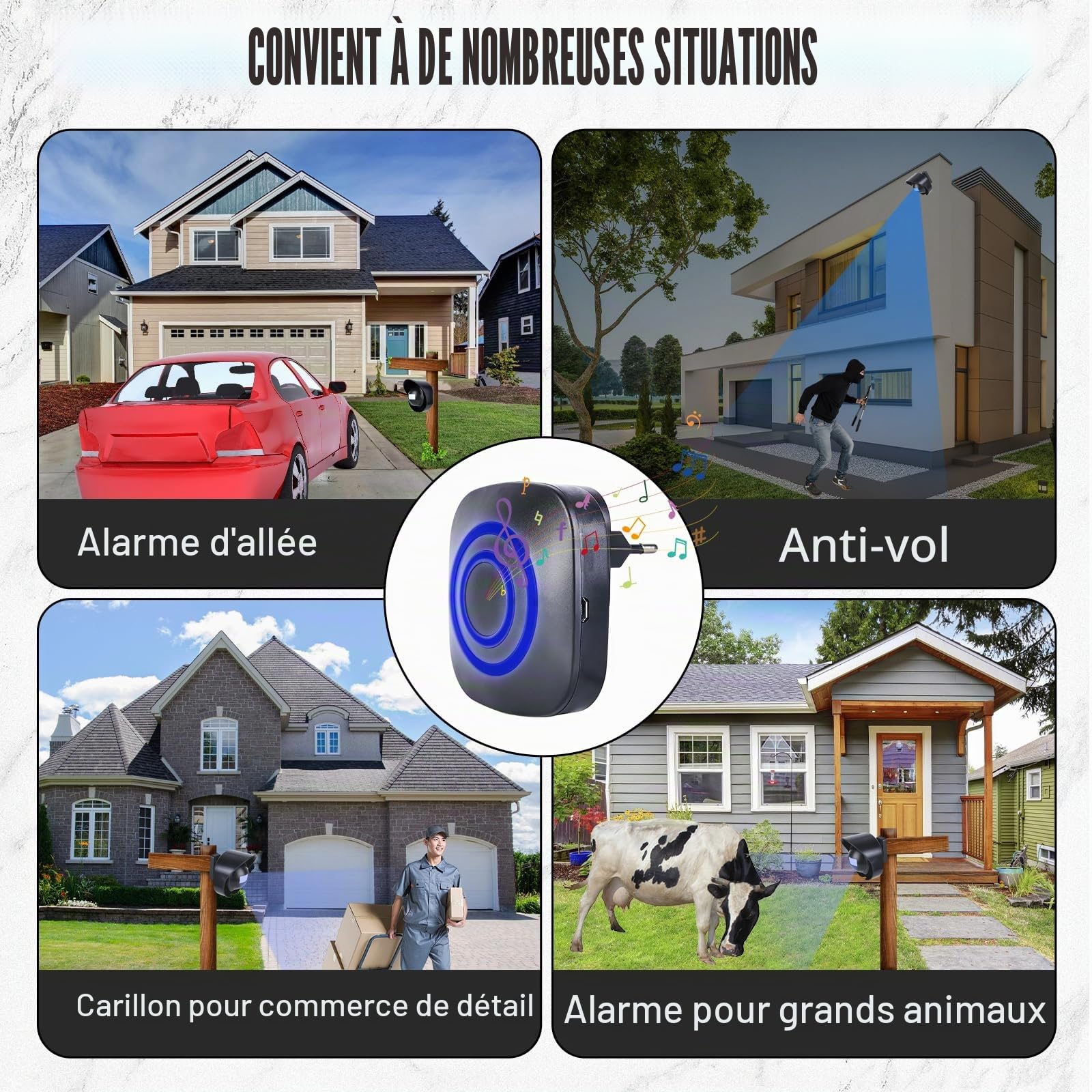 Sonnette de porte avec détecteur de mouvement, alarme de passage avec 38 sonneries, alarme de route, détecteur de mouvement, alarme de porte, détecteur de mouvement, sonnette de porte pour affaires