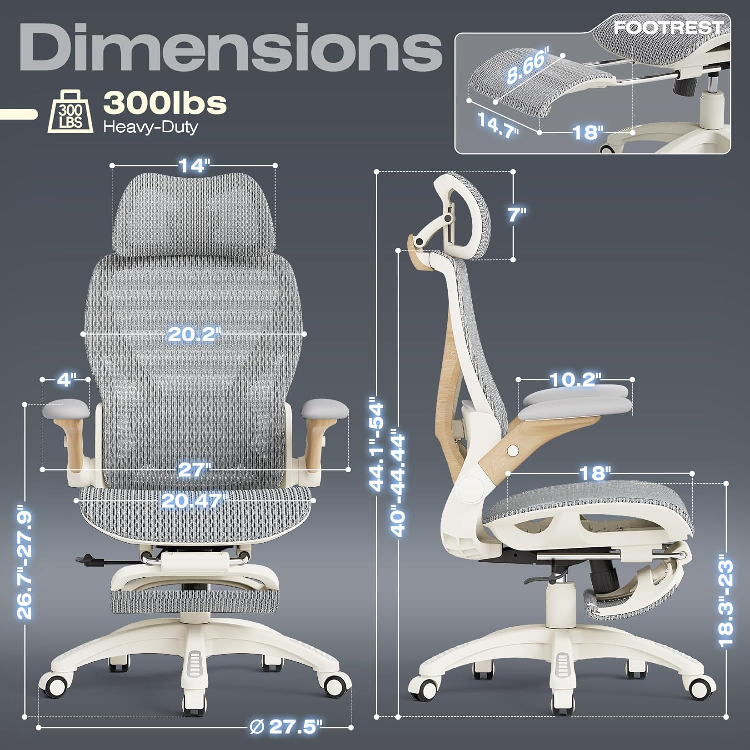 ELABEST X100 Ergonomic Office Chair with Footrest, Big and Tall Home Desk Chair with 5D Flip-Up Arms, Adjustable 3D Lumbar Support,High Back Rolling Computer Chair, Swivel Mesh Chairs (Foggy Morning) - Image 2
