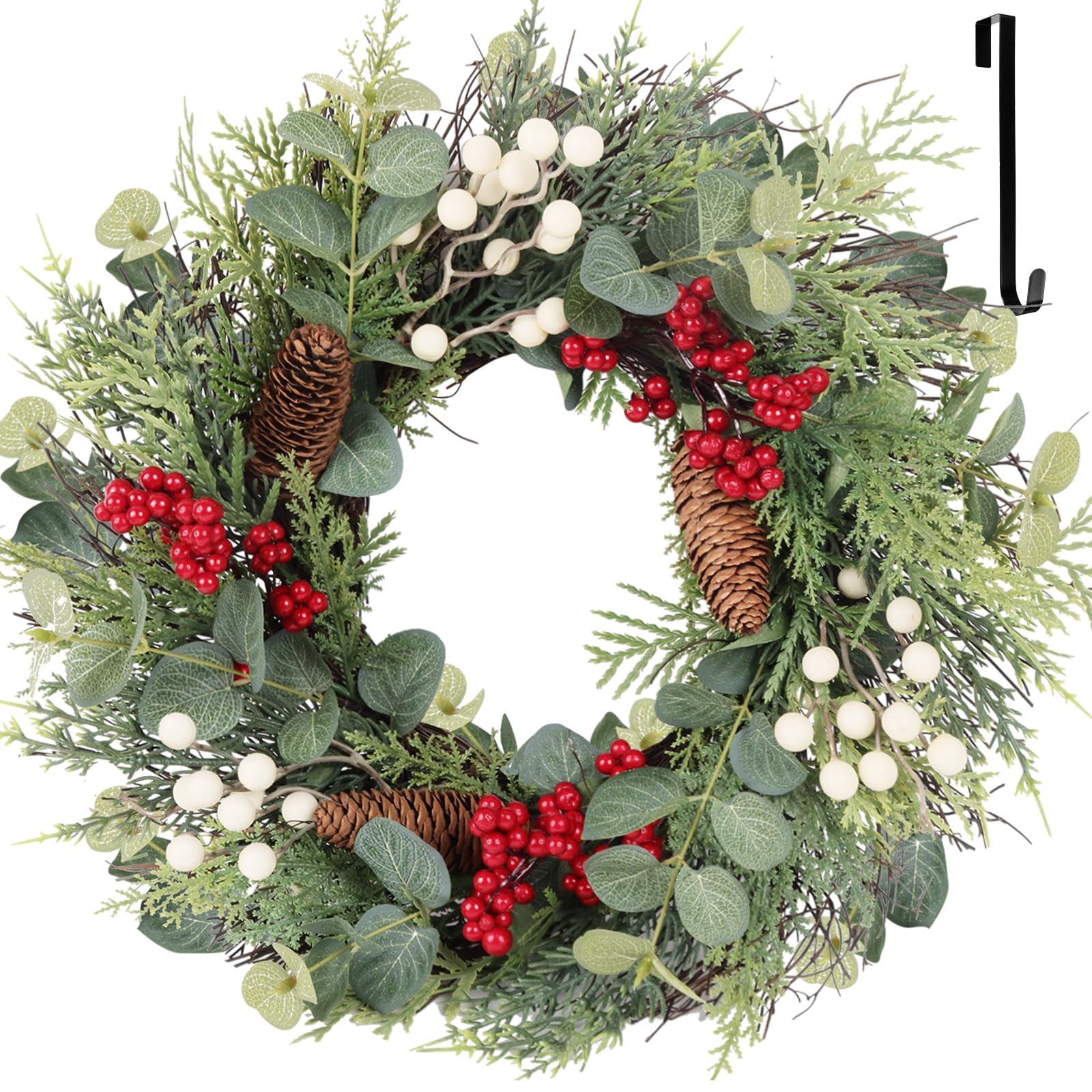 22 Inch Christmas Wreath with Hanger, Christmas Wreaths for Front Door with Red White Berry Pine Cone Xmas Wreaths for Front Door Wall Home Outdoor Decor