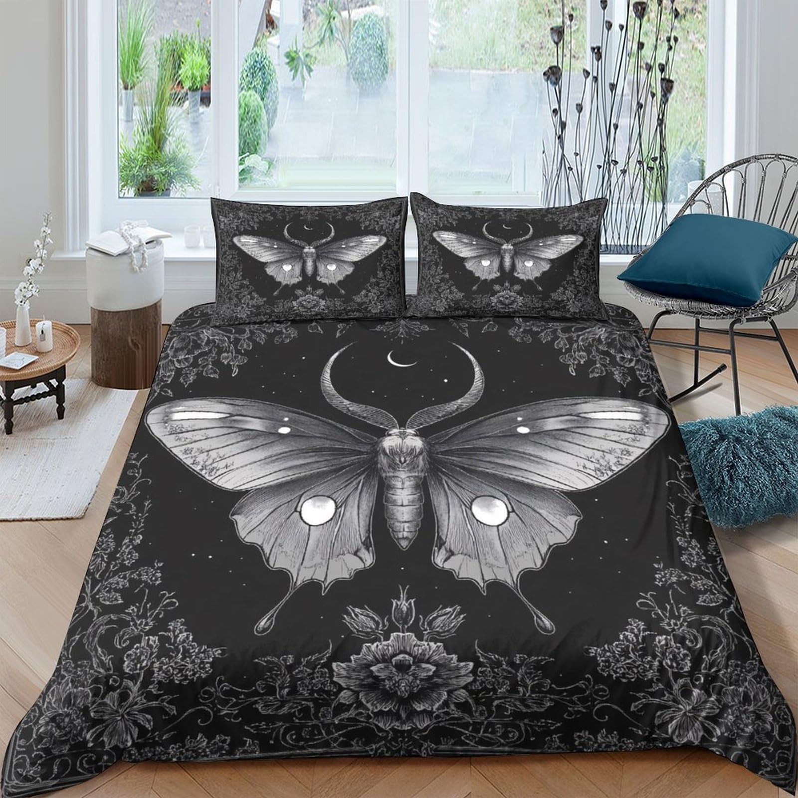 Ctjqhvkz Style-8 3D Printed Gothic Moth Fitted Sheet Microfiber Black Insect Skull Bed Cover For Bedroom Decor Mattress Protection Single（135X200cm）