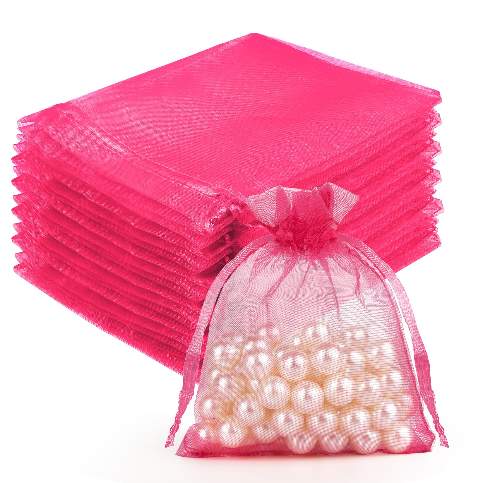 Crweety 50 Pcs Organza Bags 3x4, Hot Pink Small Mesh Gift Bags Drawstring