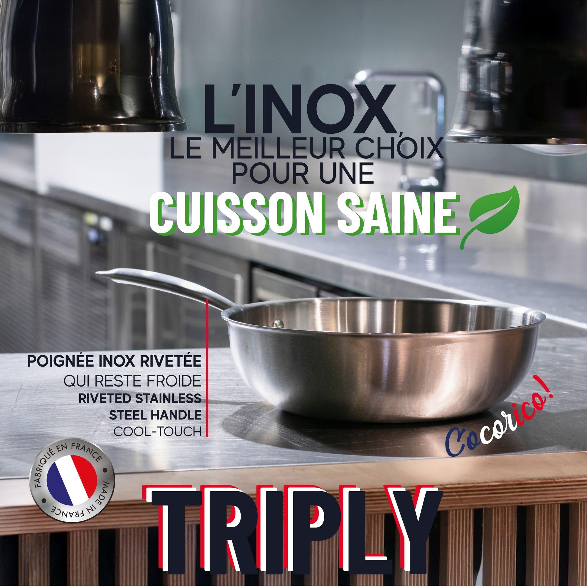MENASTYL - Wok inox 18/10 Triply 28cm tous feux dont induction fabriqué en France - sans PFAS ni substances nocives - Compatible lave-vaisselle - Poignée rivetée - 6020492