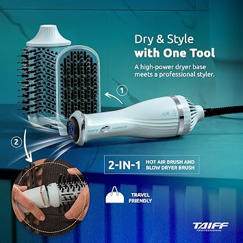 TAIFF Tourmaline Blow Dryer Brush - 1200W Ionic Thermal Brush with Removable Head - Portable Hair Dryer | Straightener & Curling Brush | Hot Air Brush for Blowouts & Frizz Control