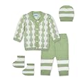 Only 4 Baby Unisex New Born Baby Boys/Girls Pista Green Woolen Front Open Sweater Set with Pyjami, Cap and Pair of Booti